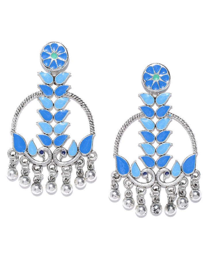Oxidised Silver-Plated Peacock Inspired Meenakari Drop Earrings In Blue Color