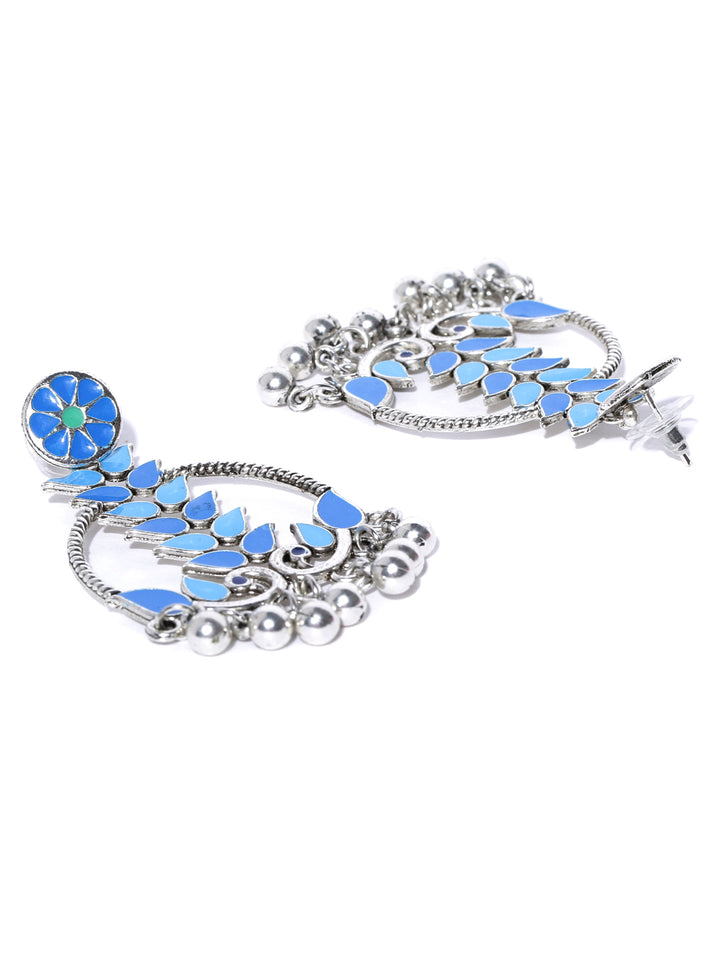 Oxidised Silver-Plated Peacock Inspired Meenakari Drop Earrings In Blue Color