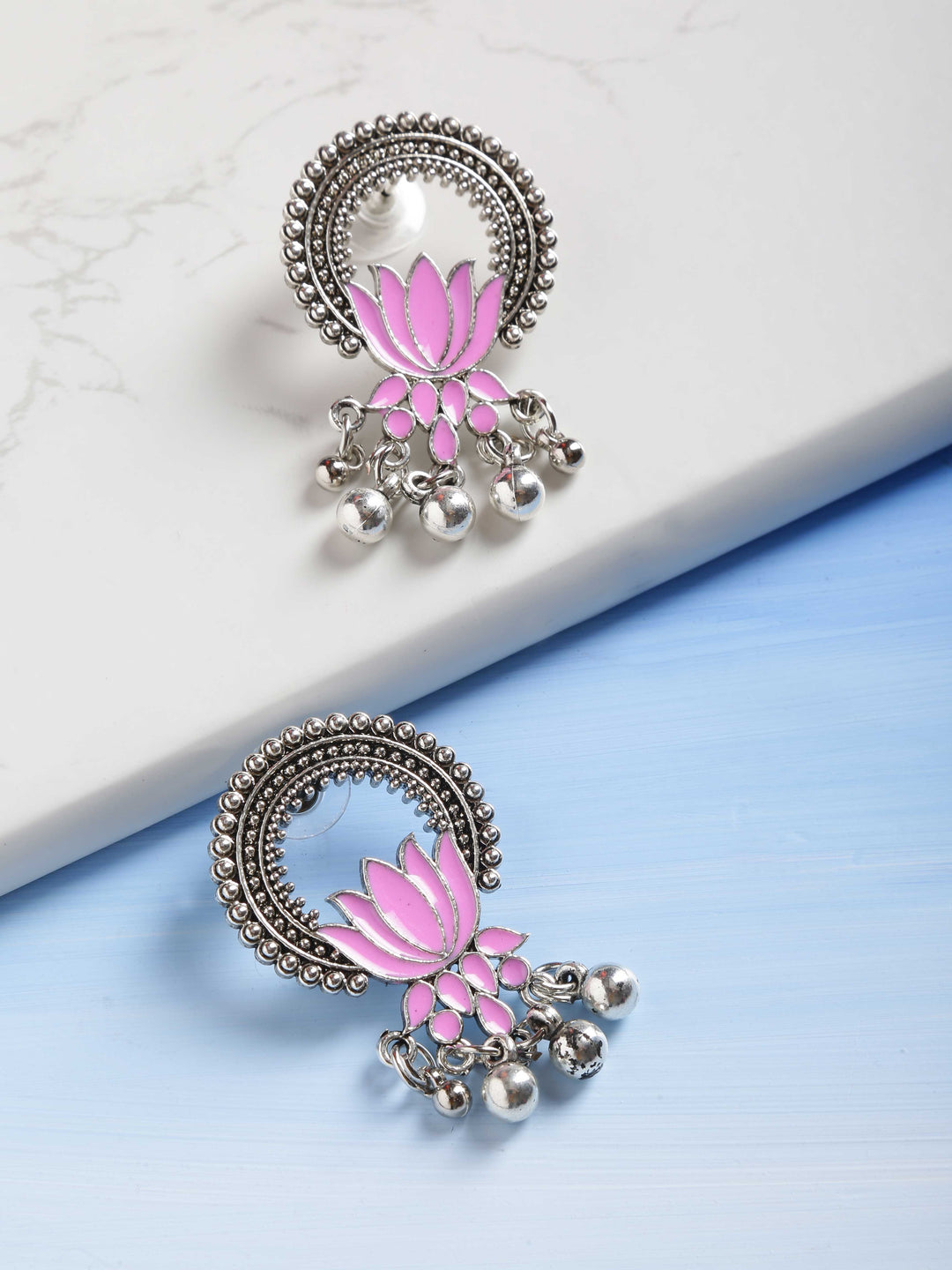 Oxidised Silver-Plated Lotus Inspired Meenakari Drop Earrings In Pink Color