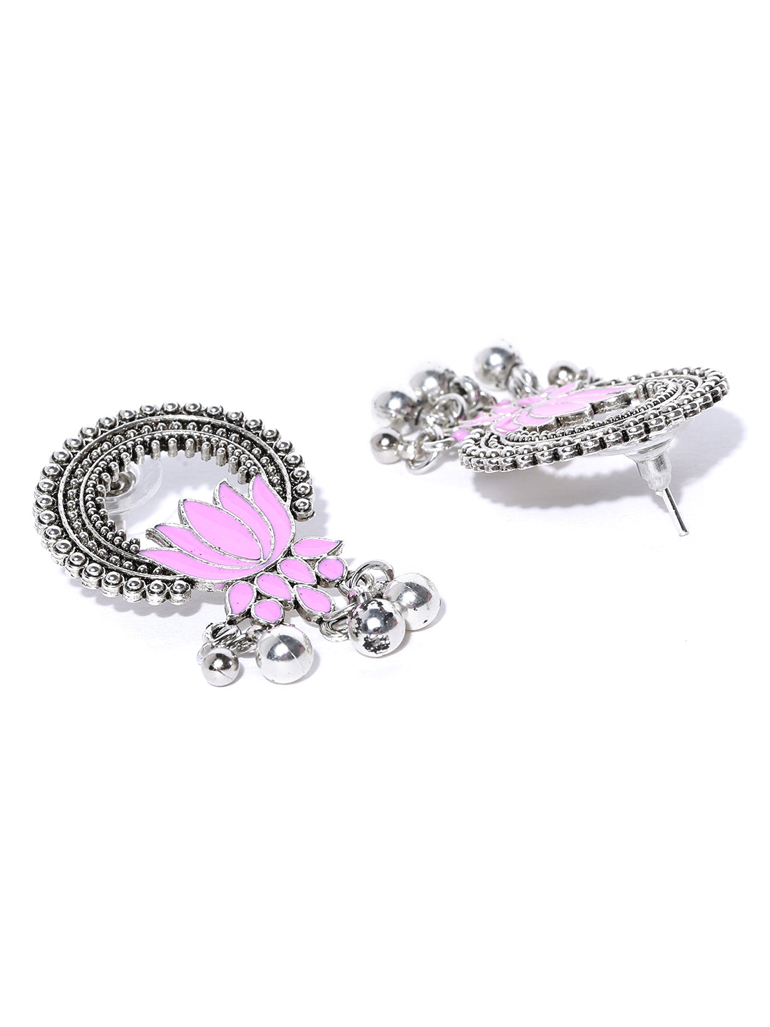 Oxidised Silver-Plated Lotus Inspired Meenakari Drop Earrings In Pink Color
