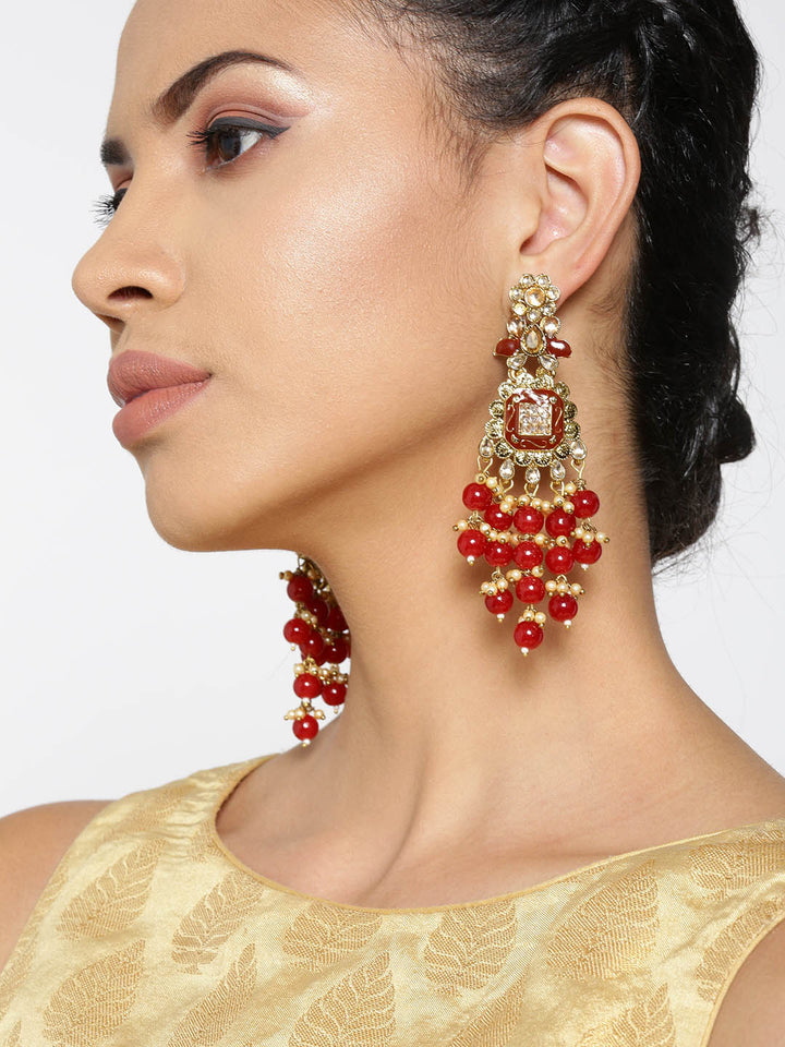 Gold-Plated Stones Studded Meenakari Drop Earrings with Beads Drop in Maroon Color
