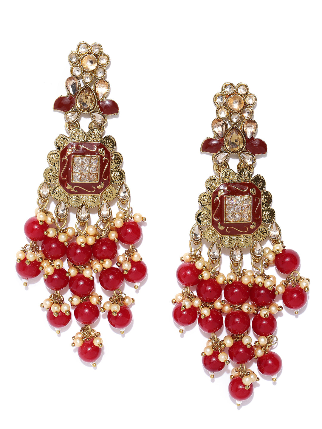 Gold-Plated Stones Studded Meenakari Drop Earrings with Beads Drop in Maroon Color