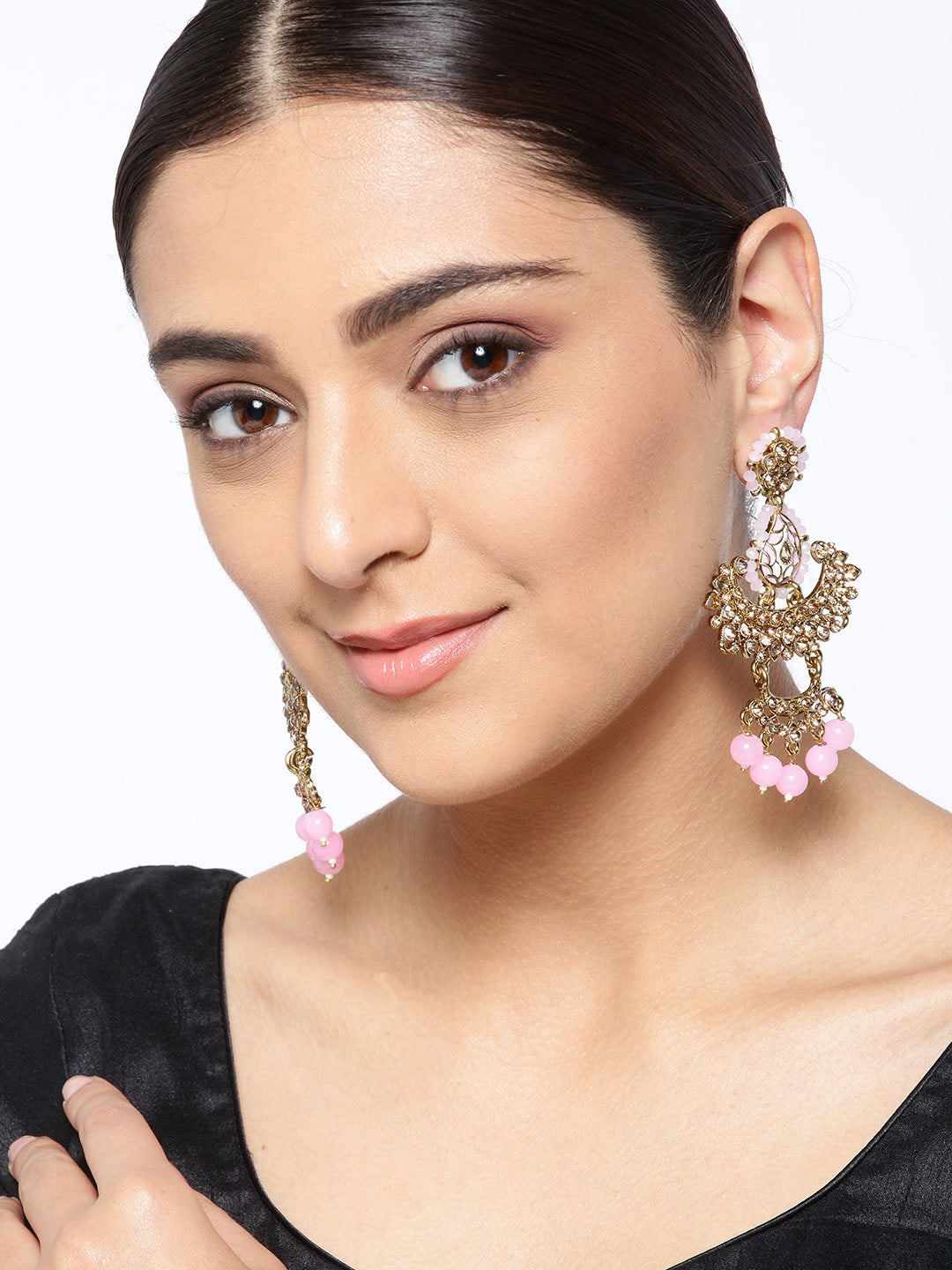 Gold-Plated Stone-Studded Light Pink Beaded Chandbalis Drop Earrings