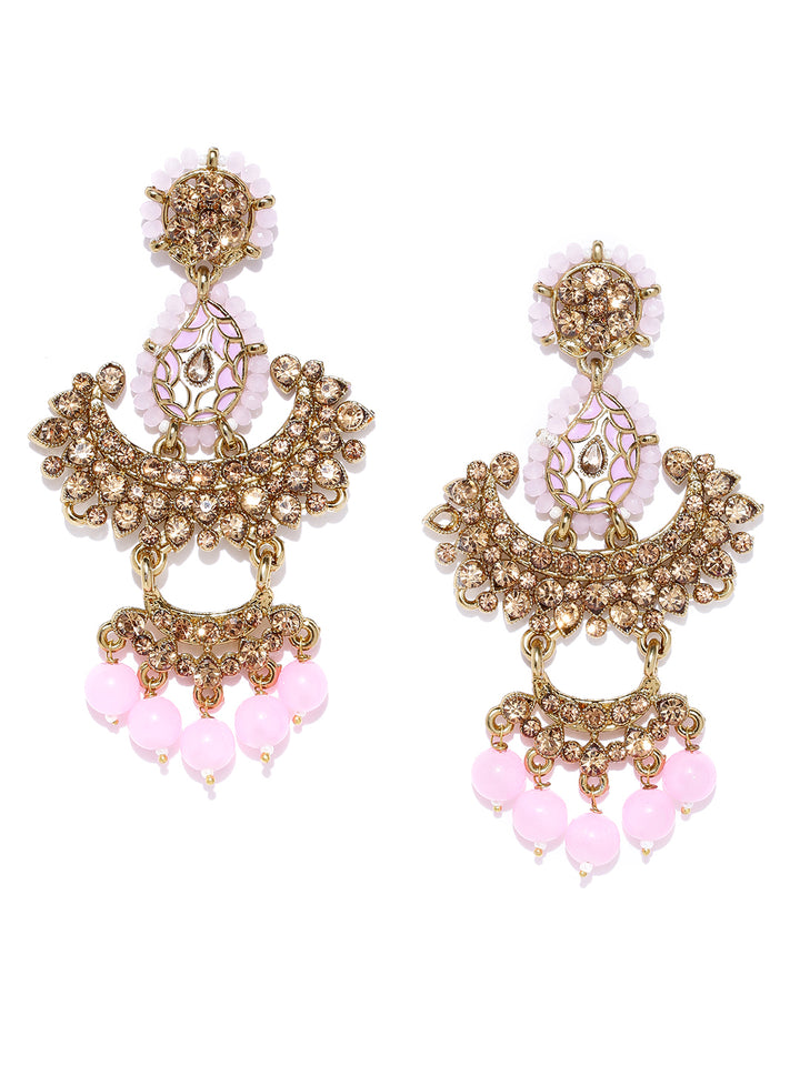Gold-Plated Stone-Studded Light Pink Beaded Chandbalis Drop Earrings