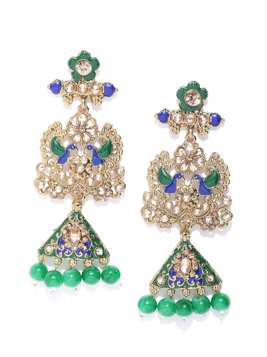 Gold Plated Peacock Inspired Blue-Green Colour Drop Earrings