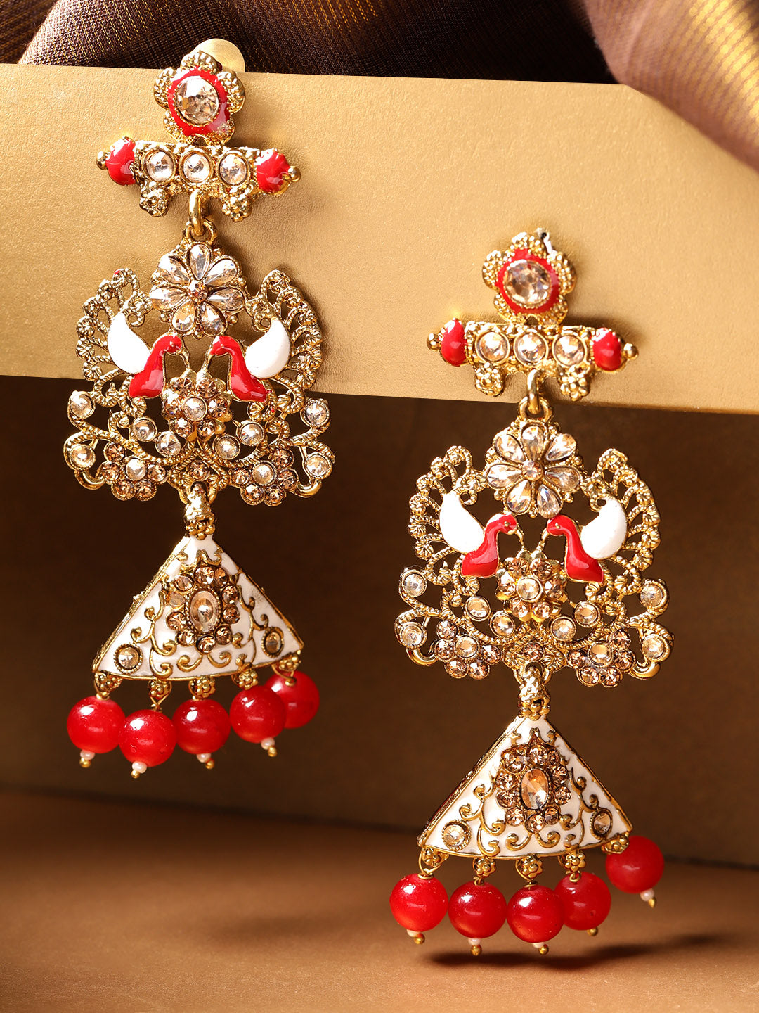 Gold-Plated Stones Studded Peacock Inspired Meenakari Drop Earrings with Red Beads Drop