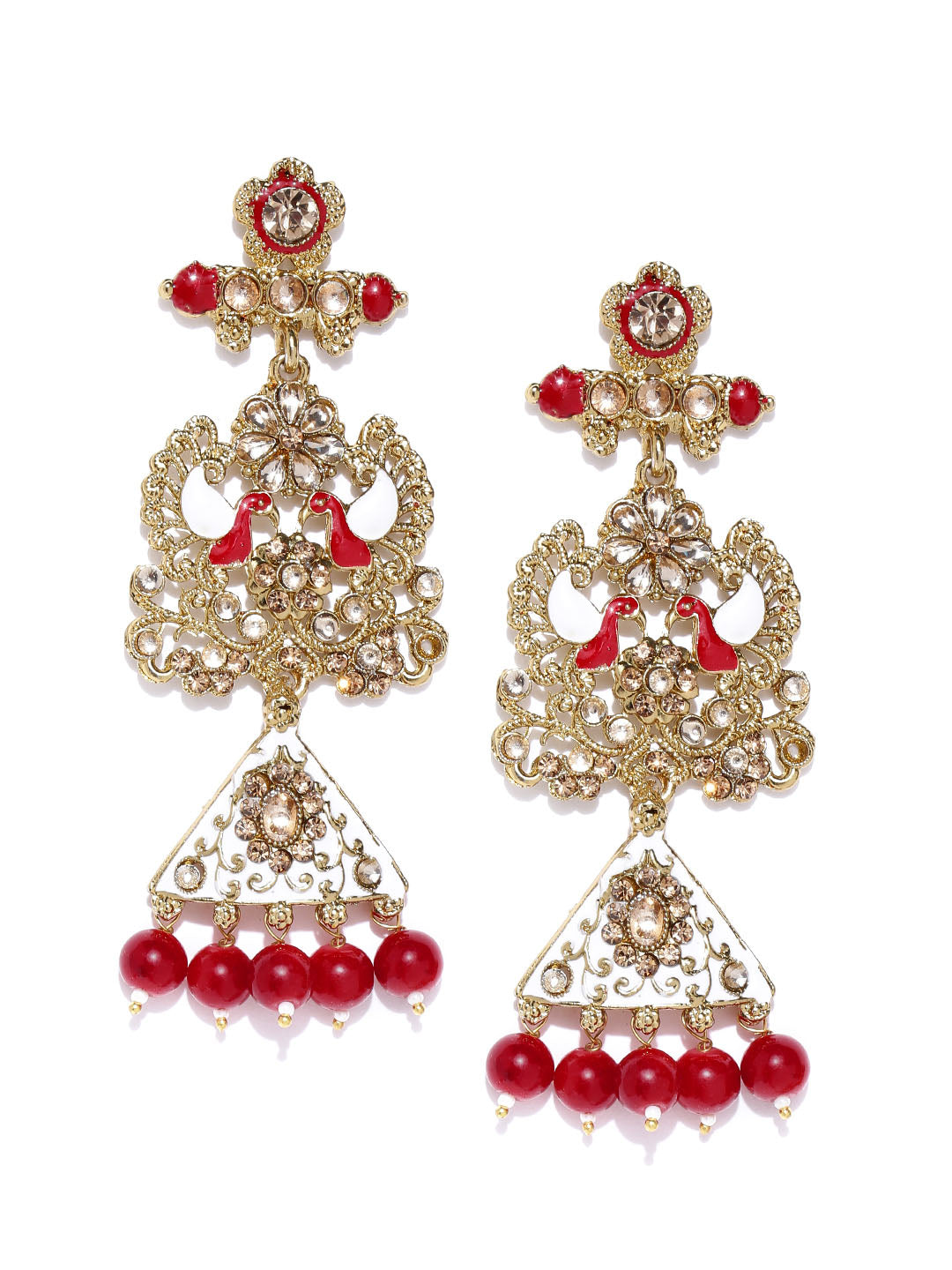 Gold-Plated Stones Studded Peacock Inspired Meenakari Drop Earrings with Red Beads Drop