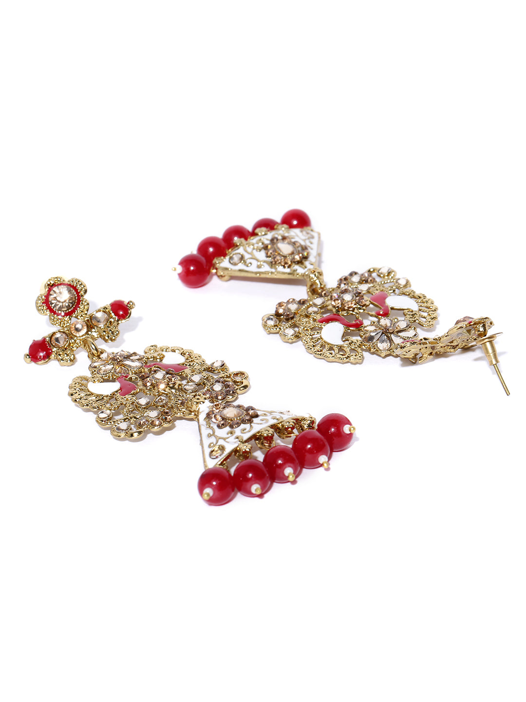 Gold-Plated Stones Studded Peacock Inspired Meenakari Drop Earrings with Red Beads Drop