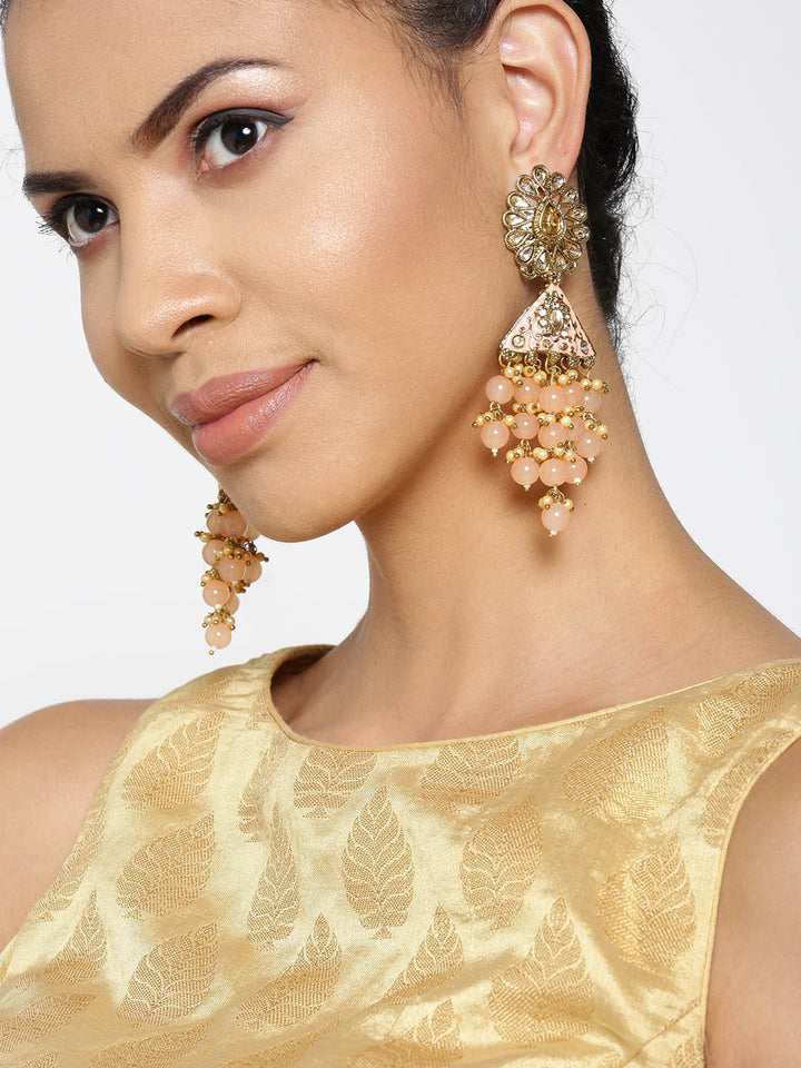 Gold-Plated Stone Studded Floral Patterned Meenakari Earrings with Beads Drop in Peach Color