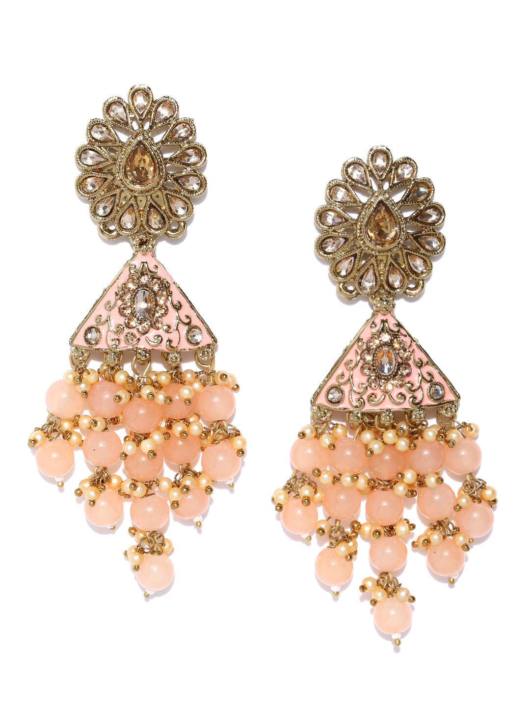 Gold-Plated Stone Studded Floral Patterned Meenakari Earrings with Beads Drop in Peach Color