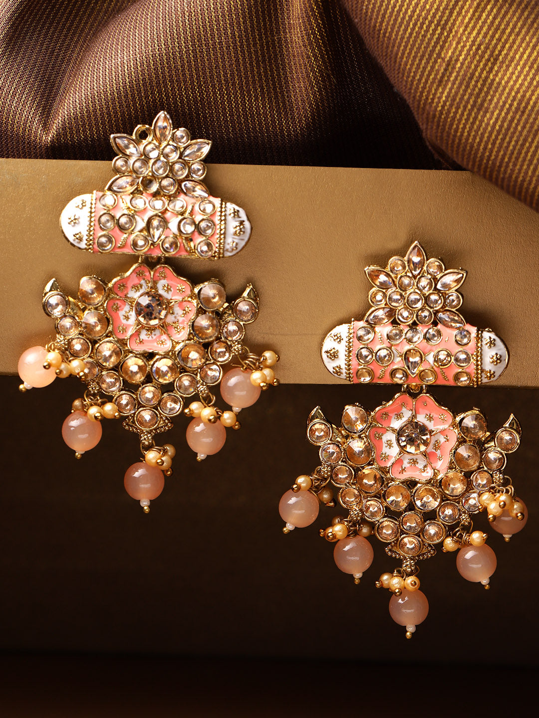 Peach Gold Tone Kundan Inspired Chandbali Earrings – Femizen