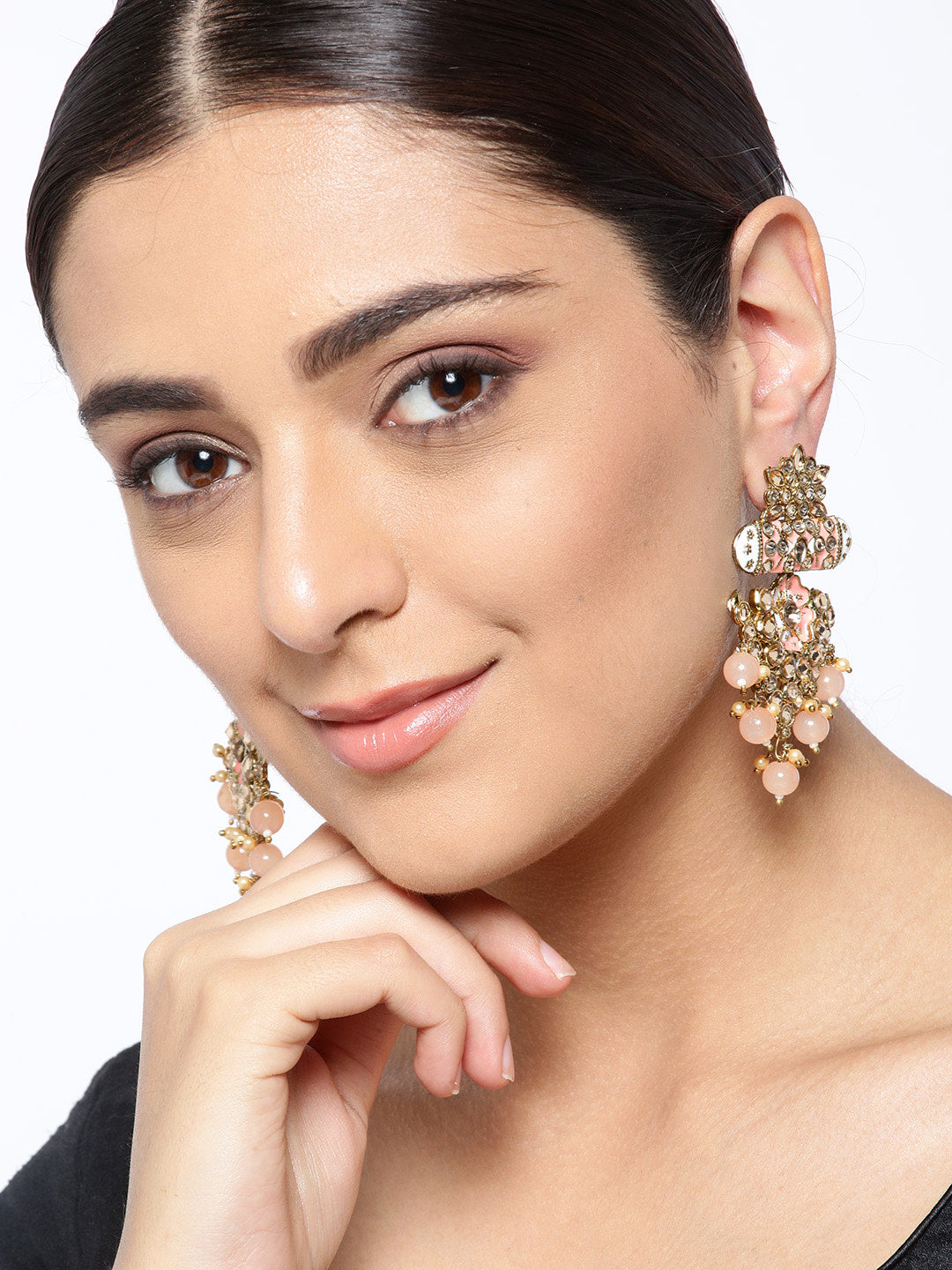 Gold-Plated Stone Studded Meenakari Earrings with Beads Drop in Peach Color