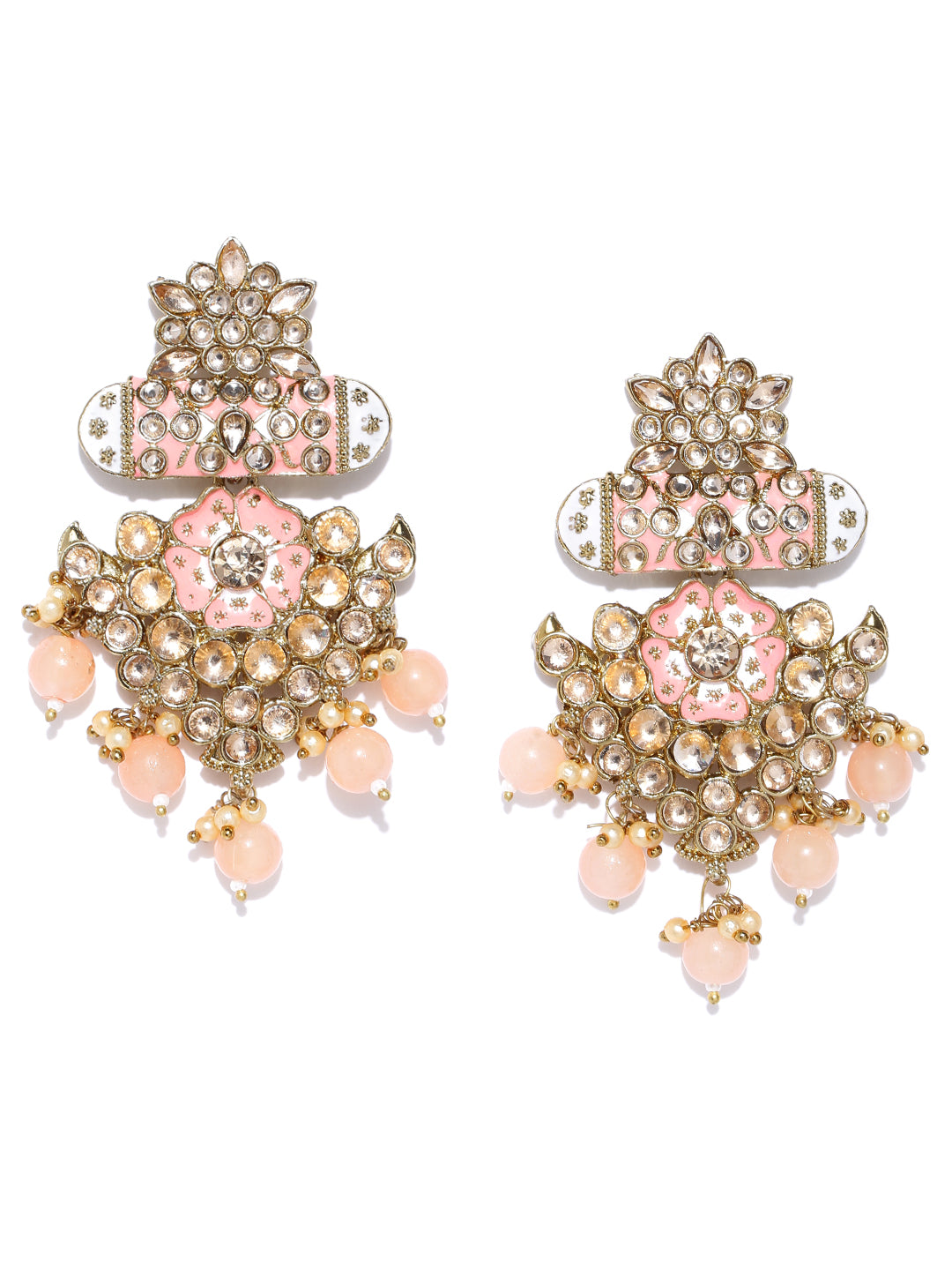 Gold-Plated Stone Studded Meenakari Earrings with Beads Drop in Peach Color