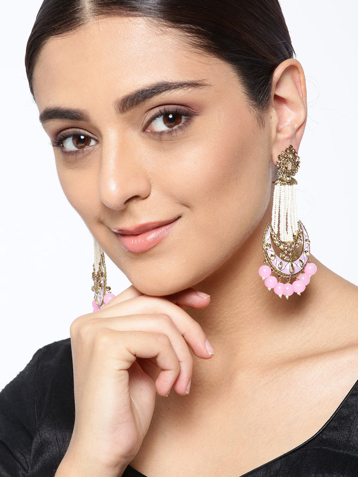 Gold-Plated Stones Studded Chandbalis Earrings with Meenakari In Pink And White Color