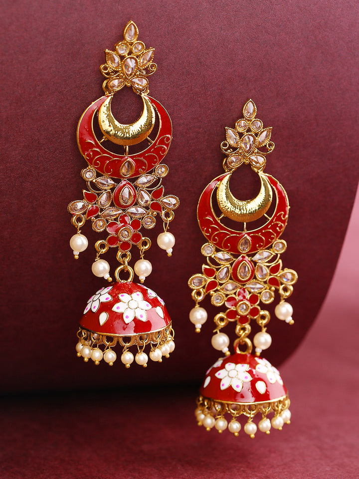 Gold-Plated Stones Studded Meenakari Jhumka Earrings in Maroon and White Color