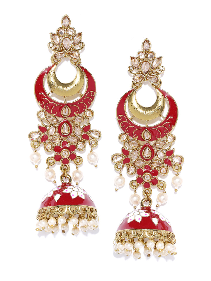 Gold-Plated Stones Studded Meenakari Jhumka Earrings in Maroon and White Color