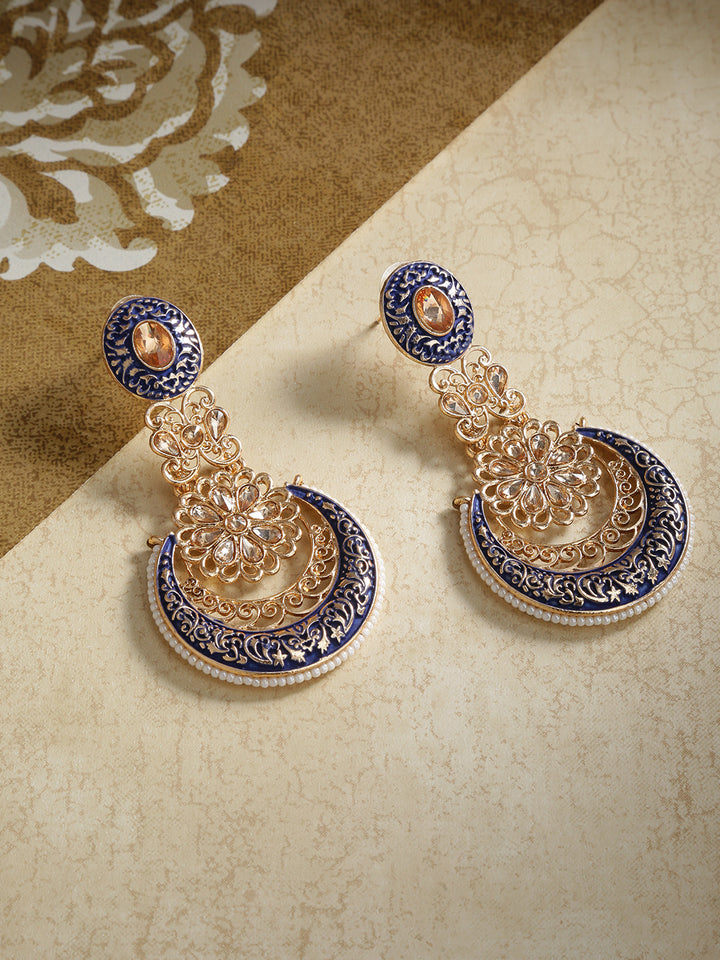 Gold-Plated Stones Studded Meenakari Chandbali Earrings in Navy Blue Color