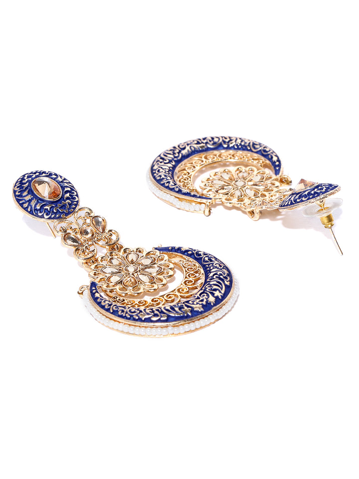 Gold-Plated Stones Studded Meenakari Chandbali Earrings in Navy Blue Color
