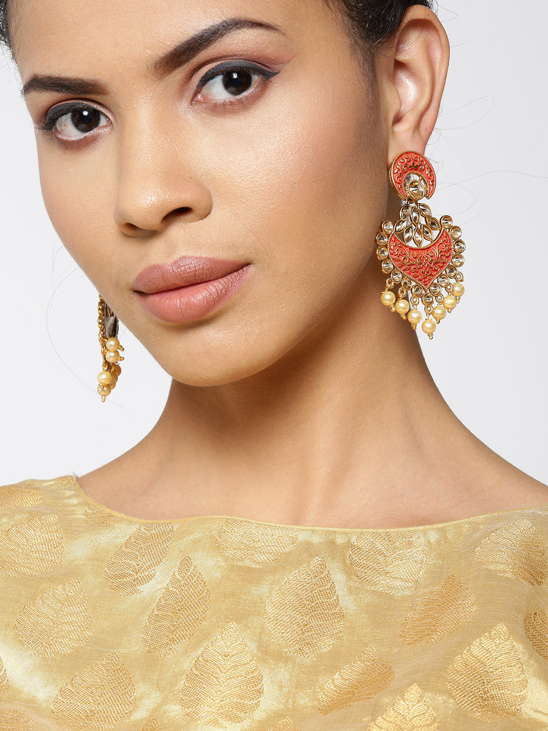 Gold-Plated Stone Studded Drop Earrings with Meenakari In Red Color with Pearls Drop