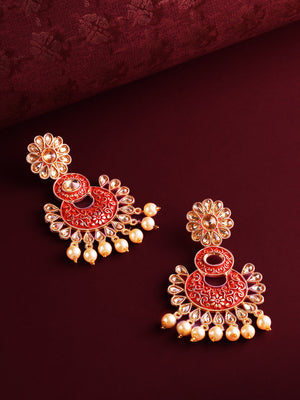 Gold-Plated Stones Studded Floral Patterned Drop Earrings with Meenakari In Red Color with Pearls Drop