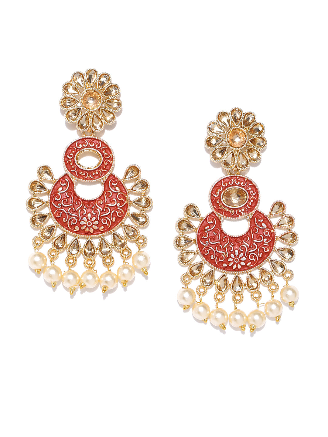 Gold-Plated Stones Studded Floral Patterned Drop Earrings with Meenakari In Red Color with Pearls Drop
