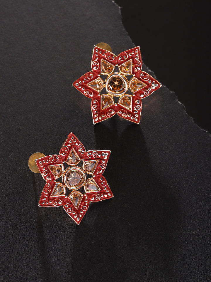 Gold-Plated Stone Studded Meenakari Star Shape Maroon Drop Earrings