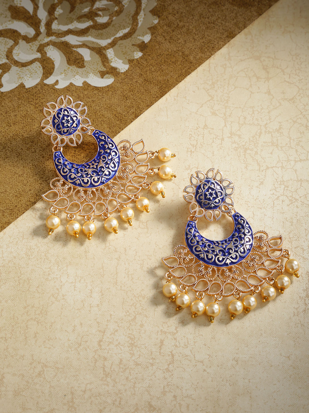 Gold-Plated Meenakari Chandbali Earrings in Navy Blue Color with Pearls Drop