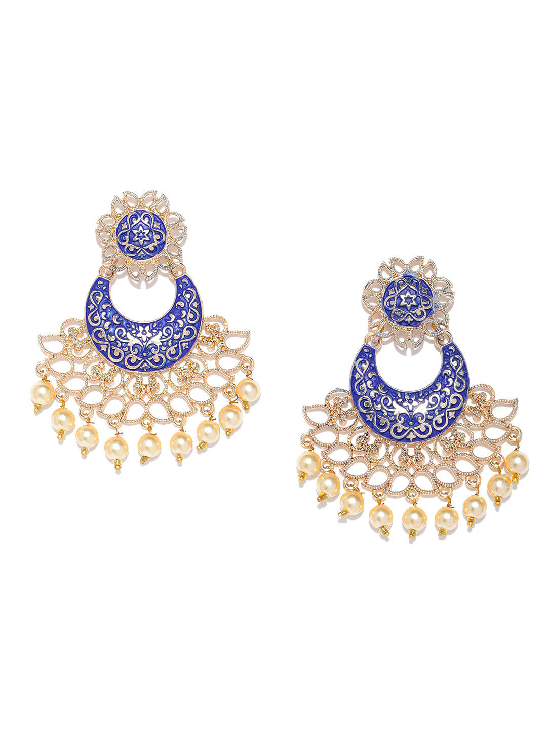 Gold-Plated Meenakari Chandbali Earrings in Navy Blue Color with Pearls Drop