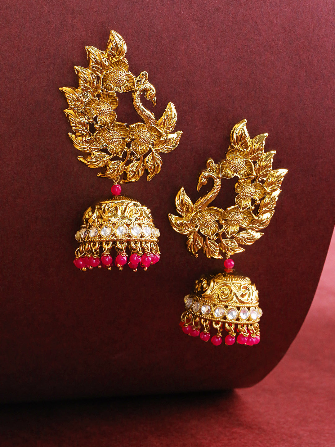 Gold-Plated Peacock Inspired Maroon Colour Beads Drop Jhumka Earrings