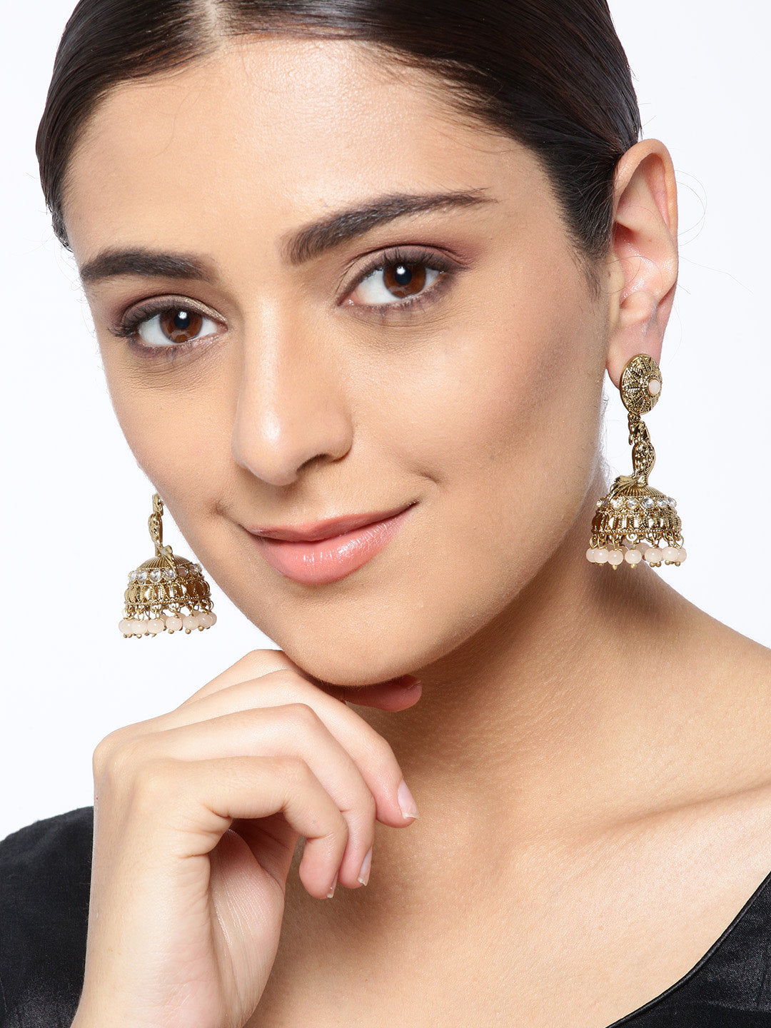 Gold-Plated Peacock Inspired Jhumka Drop Earrings with Pink Beads Drop