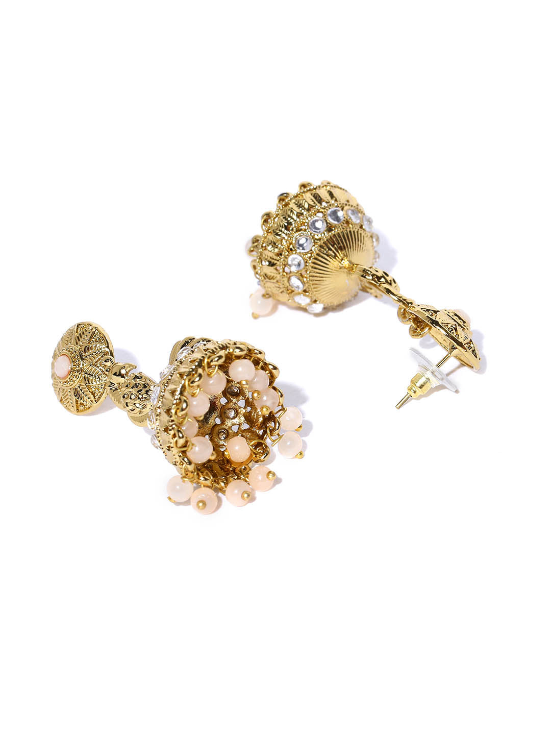 Gold-Plated Peacock Inspired Jhumka Drop Earrings with Pink Beads Drop