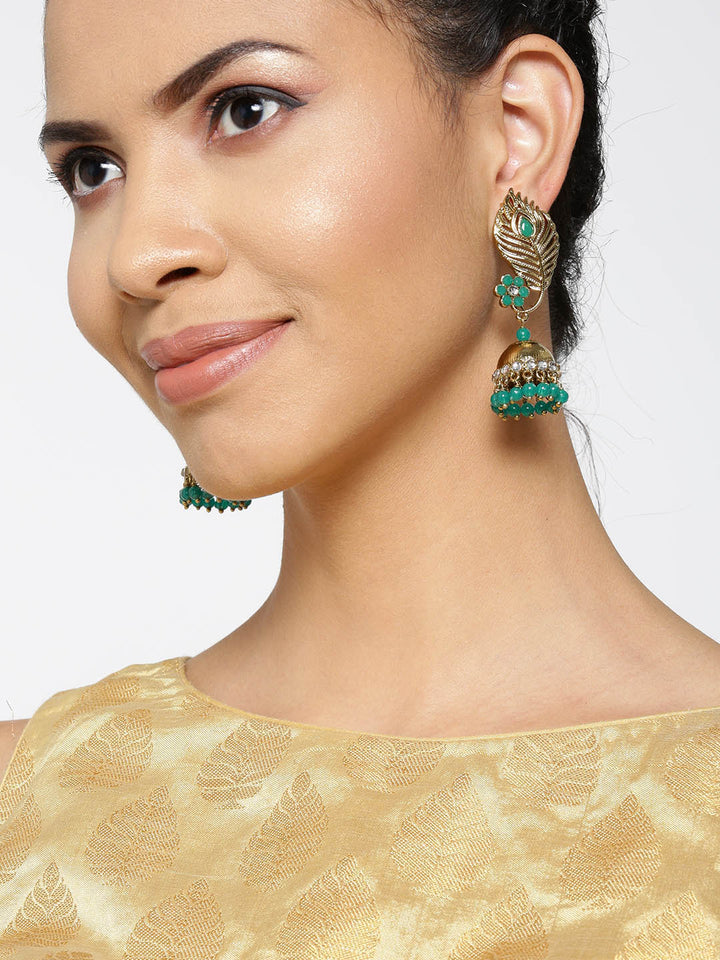 Gold-Plated Stones Studded Feather Inspired Jhumka Earrings with Green Beads Drop