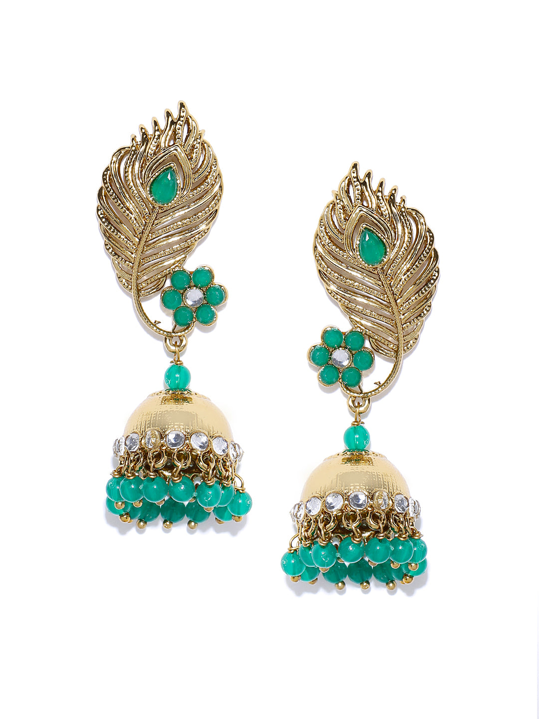 Gold-Plated Stones Studded Feather Inspired Jhumka Earrings with Green Beads Drop