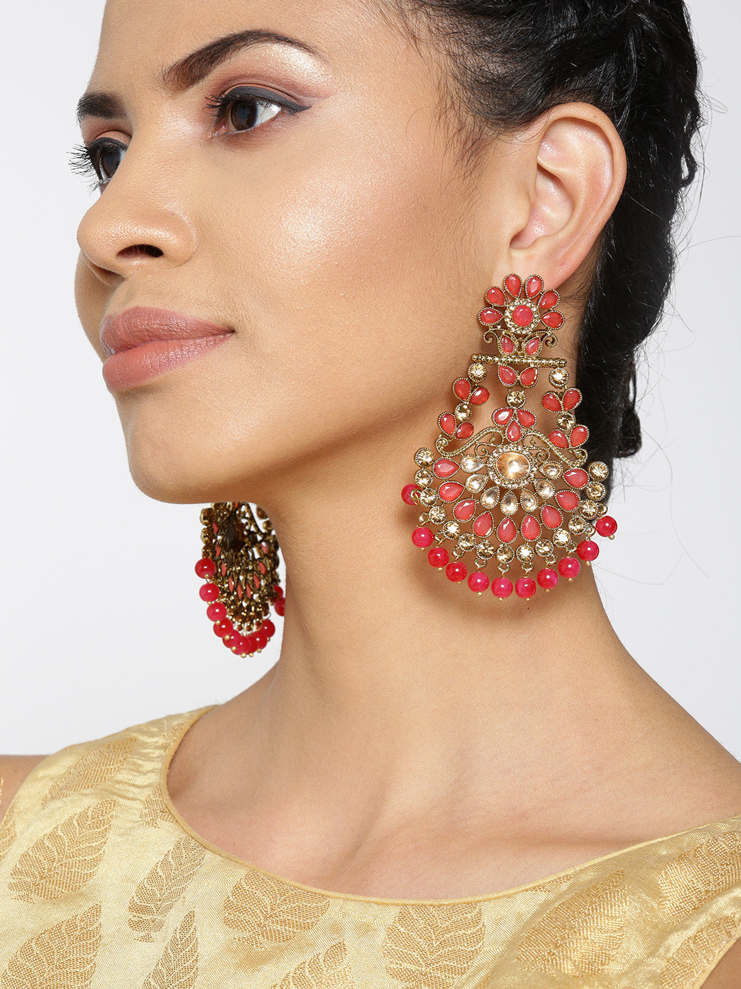 Gold-Plated Pink Stones Studded Drop Earrings