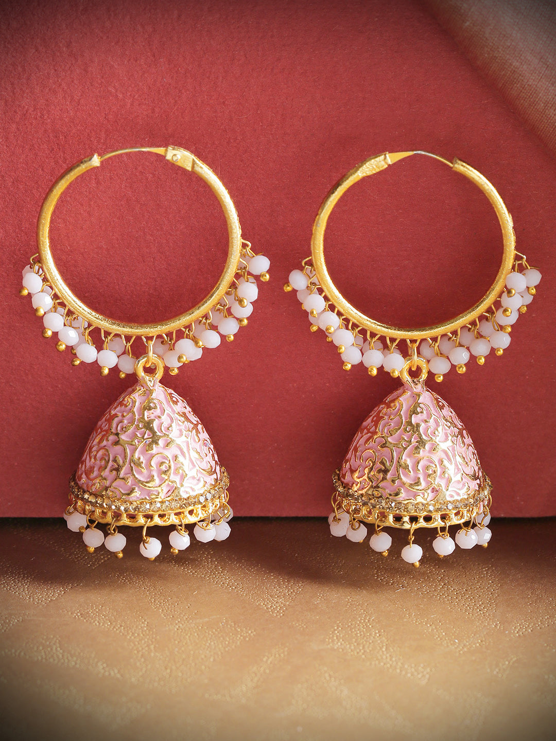 Gold-Plated Beads Drop Jhumka Earrings with Meenakari In Pink Color
