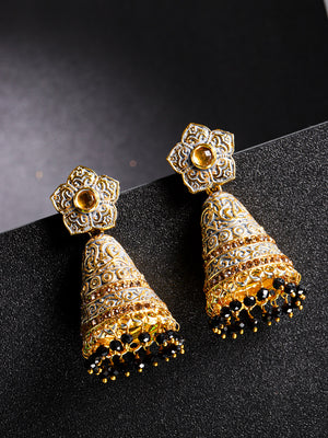 Gold-Plated Floral Patterned Jhumka Earrings with Meenakari Grey Colour with Beads Drop