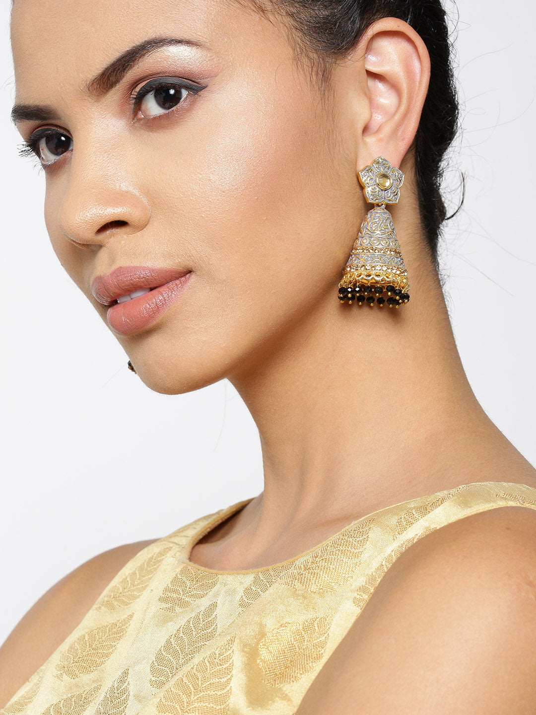 Gold-Plated Floral Patterned Jhumka Earrings with Meenakari Grey Colour with Beads Drop