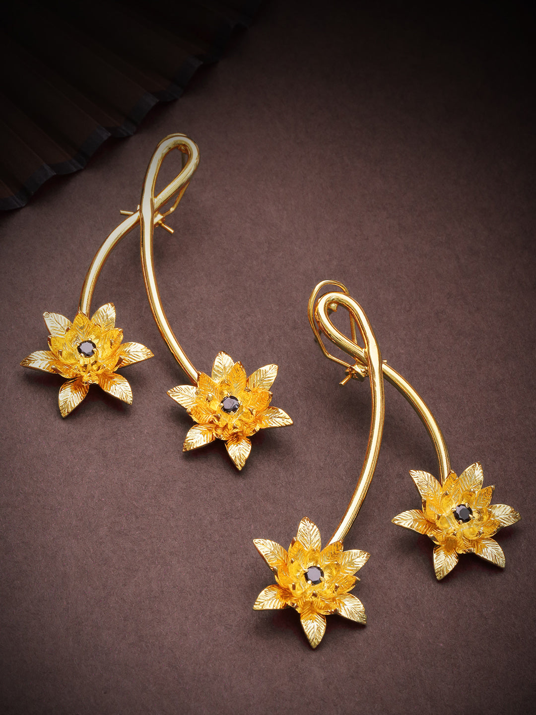 Gold-Plated Navy Blue Stone Studded Floral Drop Earrings