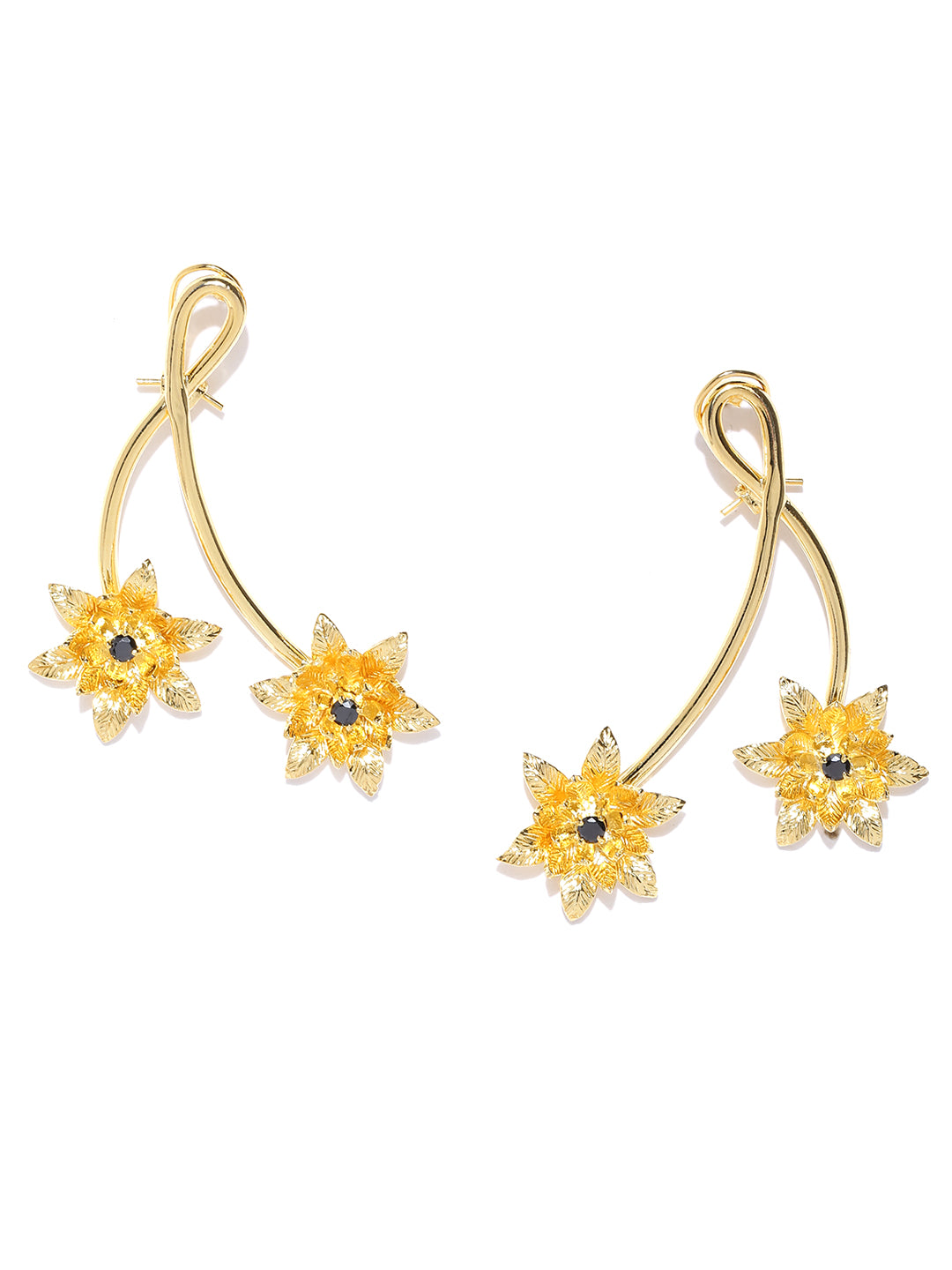 Gold-Plated Navy Blue Stone Studded Floral Drop Earrings