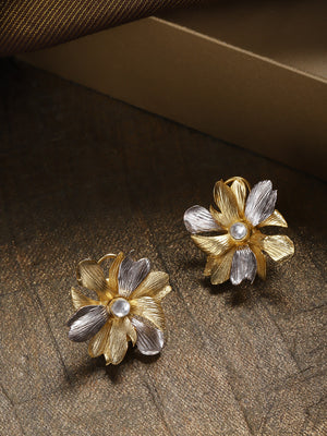 Gold and Silver-Plated Floral Patterned Stud Earrings
