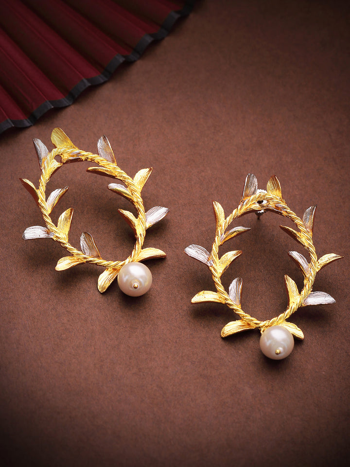 Gold And Silver-Plated Leaf Inspired Drop Earrings with Pearl Drop