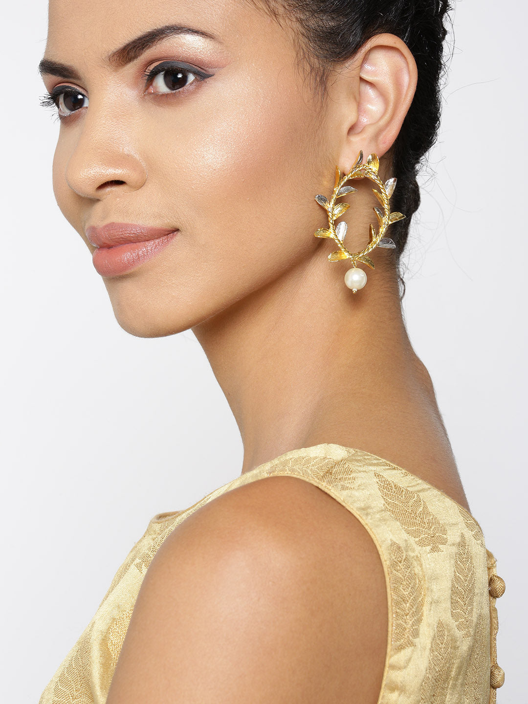 Gold And Silver-Plated Leaf Inspired Drop Earrings with Pearl Drop
