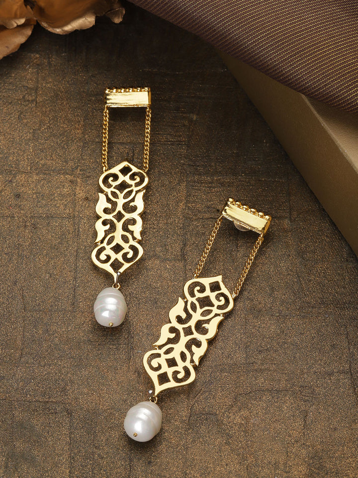 Gold-Plated Pearl Filigree Drop Earrings with Pearl Drop