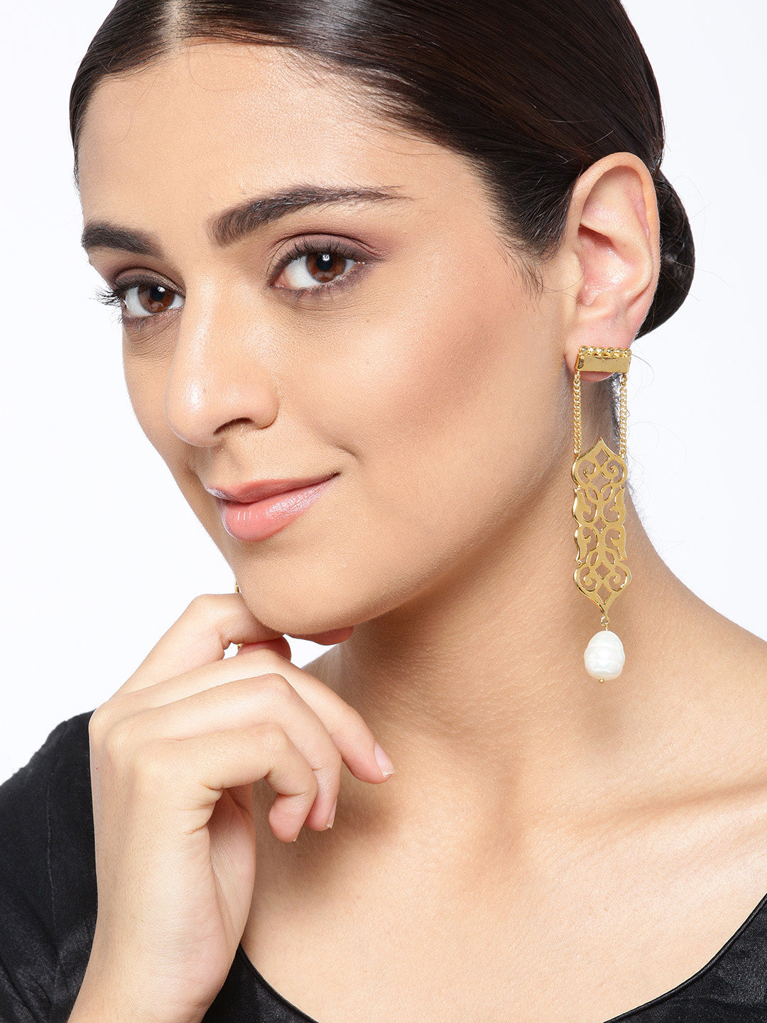 Gold-Plated Pearl Filigree Drop Earrings with Pearl Drop