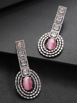 Rose Gold-Plated Pink Stone and American Diamond Studded Heavy Drop Earrings