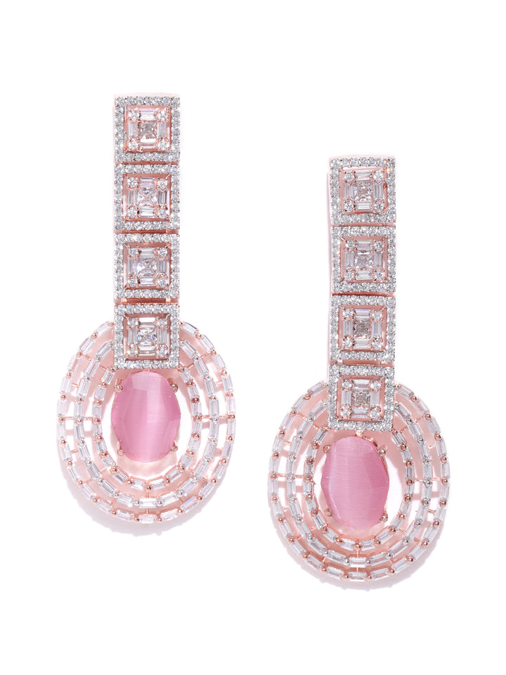Rose Gold-Plated Pink Stone and American Diamond Studded Heavy Drop Earrings