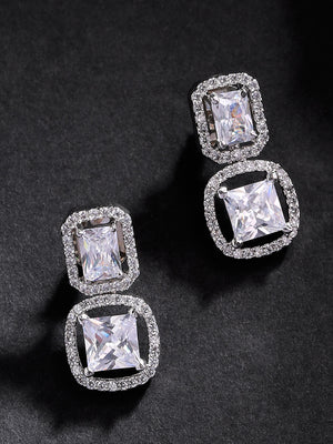 Rhodium-Plated American Diamond Studded Drop Earrings