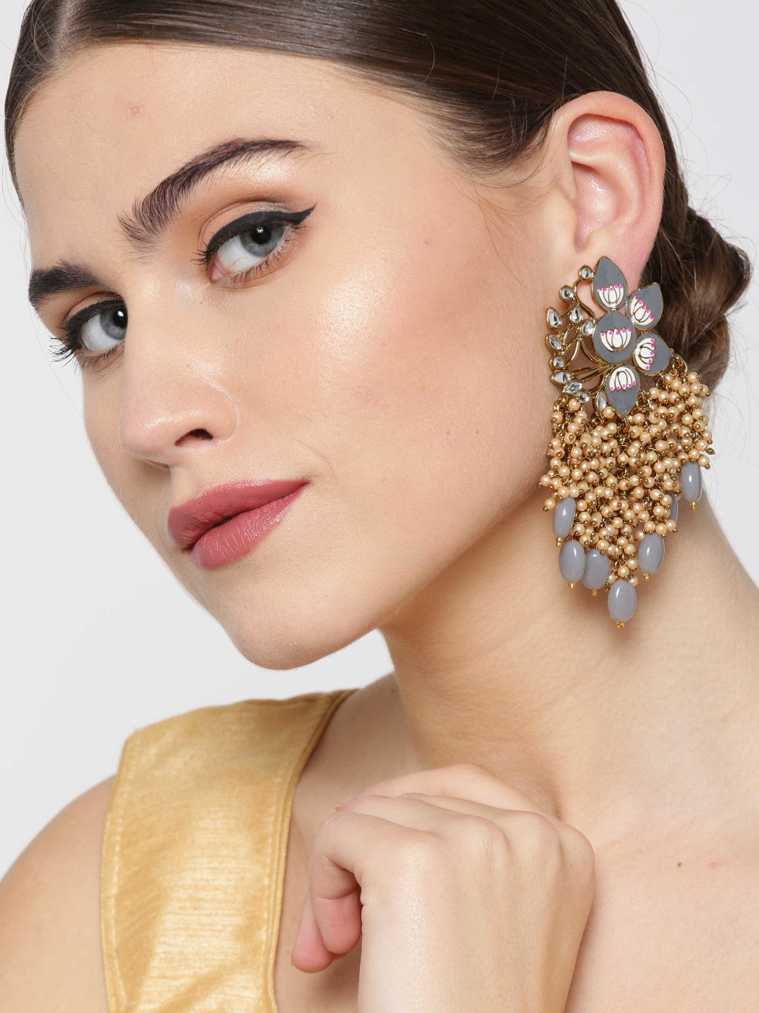 Gold-Plated Kundan Studded, Grey Meenakari Earrings In Floral Pattern