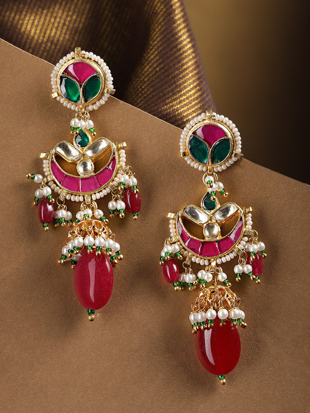 Gold-Plated Pachi Kundan and Pearls Studded Drop Earrings in Magenta A –  Priyaasi