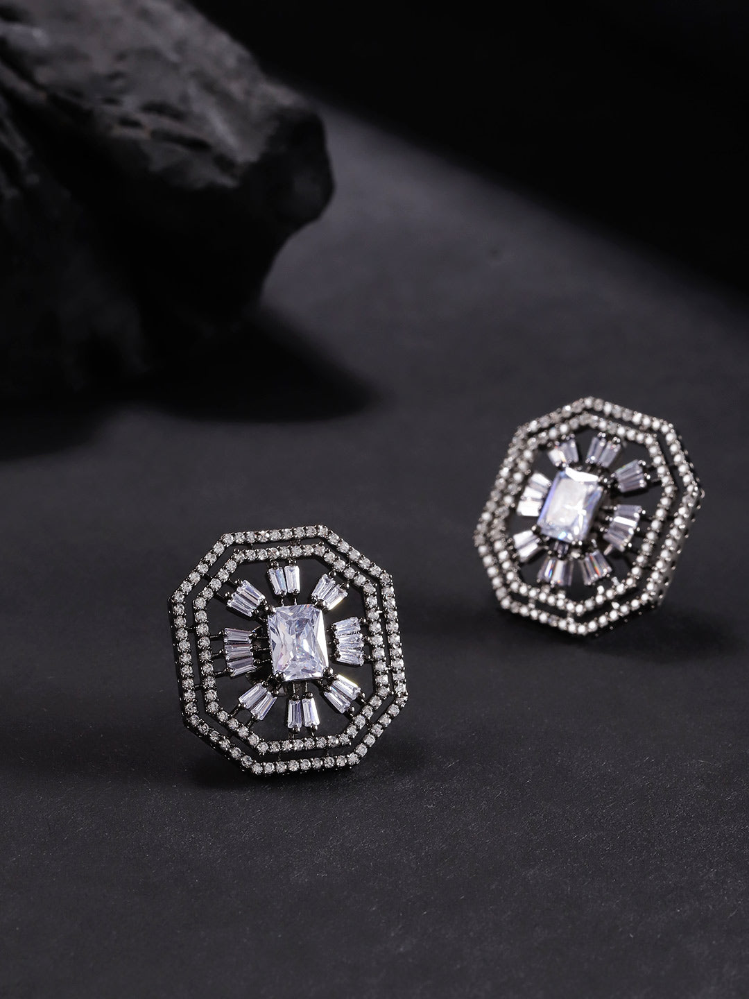 Gunmetal-Plated Geometric American Diamond Studded Large Stud Earrings